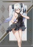  1girl ass bare_legs bare_shoulders black_dress breasts cocktail_dress covered_navel cowboy_shot destroyer_(girls_frontline) dress dress_grab dress_pull frilled_dress frills girls_frontline grey_background grey_hairband hair_between_eyes hair_ornament hairband head_tilt highres legs_together long_hair looking_at_viewer multicolored multicolored_background open_mouth pose pulling renze_l sangvis_ferri shiny shiny_clothes sideboob silver_hair sleeveless sleeveless_dress small_breasts solo twintails white_background yellow_eyes 