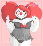  bow breasts clothing clown demon dialogue dot_(mcnasty) eyeshadow female hair hi_res humanoid lingerie makeup mcnasty red_hair sharp_teeth short_stack slightly_chubby solo teeth yellow_eyes 