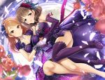  2girls blue_eyes blush boots breasts brown_eyes brown_hair cleavage collarbone commentary_request dutch_angle elbow_gloves flower gloves hair_flower hair_ornament heart heart_hands heart_hands_duo high_heel_boots high_heels houjou_karen idolmaster idolmaster_cinderella_girls idolmaster_cinderella_girls_starlight_stage kazu large_breasts looking_at_viewer medium_hair multiple_girls purple_footwear purple_gloves red_flower red_rose rose sakuma_mayu sitting smile thigh_boots thighhighs 