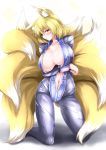  1girl absurdres adapted_costume animal_ear_fluff animal_ears ass_visible_through_thighs bangs blonde_hair blush bodysuit breast_hold breasts collarbone commentary_request eyebrows_visible_through_hair fox_ears fox_tail g_(desukingu) grey_bodysuit hair_between_eyes highres huge_breasts kneeling long_sleeves looking_at_viewer multiple_tails navel no_hat no_headwear shadow short_hair simple_background smile solo tail thighs touhou white_background yakumo_ran yellow_eyes 