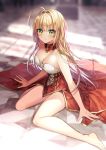  1girl ahoge bangs bare_arms bare_legs bare_shoulders barefoot blonde_hair blush breasts checkered checkered_floor cleavage closed_mouth detached_collar dress fate/extra fate/grand_order fate_(series) gambe green_eyes hair_intakes large_breasts long_hair looking_at_viewer nero_claudius_(fate) nero_claudius_(fate)_(all) on_floor red_dress sidelocks sitting smile solo strapless strapless_dress thighs wariza window_shade 