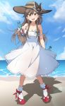  1girl arashio_(kantai_collection) bangs beach blush bottle bow breasts brown_eyes brown_hair cleavage cloud day dress drink eyebrows_visible_through_hair frilled_dress frills full_body hat hat_bow highres holding kantai_collection long_hair nel-c ocean open_mouth outdoors ramune red_footwear sand sky socks solo standing sun_hat sundress water white_dress white_legwear 