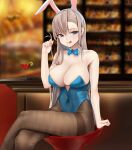  1girl :q absurdres animal_ears asuna_(blue_archive) bangs bare_shoulders black_legwear blue_archive blue_eyes blue_leotard blurry blurry_background bow bowtie breasts cleavage cocktail_glass collarbone covered_navel crossed_bangs crossed_legs cup detached_collar drinking_glass fake_animal_ears hair_twirling hand_up headband highleg highleg_leotard highres holding holding_hair knees_together_feet_apart large_breasts leotard long_hair looking_at_viewer mole mole_on_breast no_bra official_alternate_costume pantyhose parted_bangs platinum_blonde_hair playboy_bunny sagging_breasts sitting solo strapless strapless_leotard thighs tongue tongue_out ur-8 white_headband white_headwear 