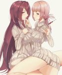  2girls ass braid breast_press breasts c_c fate/grand_order fate_(series) florence_nightingale_(fate/grand_order) frown hair_intakes highres holding holding_weapon large_breasts long_hair looking_at_viewer multiple_girls parted_lips pink_hair purple_hair red_eyes ribbed_sweater scathach_(fate)_(all) scathach_(fate/grand_order) simple_background smile sweater symmetrical_docking syringe very_long_hair weapon white_background 