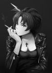 1girl black_hair black_jacket black_shirt breasts cigarette cleavage cross cross_necklace frown grey_background greyscale hand_in_pocket highres honkai_(series) honkai_impact_3rd jacket jewelry leather leather_jacket long_hair looking_at_viewer medium_breasts monochrome murata_himeko necklace shirt simple_background smoking solo upper_body yang_zheng_yu zipper 