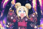  1girl :d abigail_williams_(fate/grand_order) afterimage bangs black_bow blonde_hair blue_eyes blush bow commentary_request crossed_bandaids double_bun eyebrows_visible_through_hair fate/grand_order fate_(series) fireworks floral_print hair_bow heart heart_in_mouth highres japanese_clothes kimono long_hair long_sleeves neon-tetora obi open_mouth orange_bow parted_bangs print_kimono purple_kimono sash sidelocks sleeves_past_wrists smile solo upper_body wide_sleeves 
