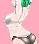  1girl arms_up ass back black_bra black_panties blush bra cowboy_shot green_hair kazami_yuuka lips no_pants panties pink_background see-through shiraue_yuu shirt short_hair simple_background solo touhou underwear white_shirt 