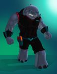  2013 3_toes alien angry blue_eyes bracelet clenched_teeth clothed clothing disney fist gantu gradient_background grey_skin hi_res holster jewelry laura_ramirez lilo_and_stitch male muscular muscular_male plasma_blaster plasma_gun ranged_weapon realistic sharp_teeth signature simple_background solo teeth toes uniform watermark weapon 