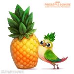  2019 ambiguous_gender avian beak big_eyes bird brown_beak cryptid-creations digital_media_(artwork) english_text feathers feral flora_fauna food food_creature fruit green-cheeked_conure green_feathers humor living_fruit neotropical_parrot nude parakeet parrot pineapple plant pun red_tail simple_background solo standing text true_parrot url visual_pun white_background white_feathers wings yellow_feathers 