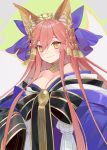  1girl animal_ears bare_shoulders bell breasts cleavage fate/grand_order fate_(series) fox_ears hair_bell hair_between_eyes hair_ornament highres japanese_clothes kimono long_hair pink_hair solo tamamo_(fate)_(all) tamamo_no_mae_(fate) turkey_(weave7769) wide_sleeves yellow_eyes 