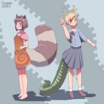  2girls absurdres animal_ears breasts dated dragon_tail futatsuiwa_mamizou highres horns kitcho_yachie multiple_girls pleated_skirt raccoon_ears raccoon_tail rosenmann short_hair skirt small_breasts smile spoilers tail touhou v wily_beast_and_weakest_creature 