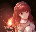  1girl armor black_gloves breastplate breasts celica_(fire_emblem) cleavage collar commentary dark_background earrings fingerless_gloves fire fire_emblem fire_emblem_echoes:_shadows_of_valentia from_above gloves hairband jewelry leonmandala long_hair looking_at_viewer looking_up magic medium_breasts parted_lips red_eyes red_hair signature smile solo upper_body white_hairband 