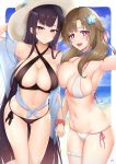  2girls ane_naru_mono arm_behind_head arm_up armpits artist_name asymmetrical_docking bangs bare_shoulders beach bikini black_bikini black_ribbon blue_flower blue_ribbon blush braid breast_press breasts bright_pupils brown_hair chiyo_(ane_naru_mono) cleavage closed_mouth collarbone commentary_request cowboy_shot criss-cross_halter cyicheng day eyebrows_visible_through_hair flower french_braid hair_flower hair_ornament halterneck hat holding_hands large_breasts long_hair looking_at_viewer mole mole_under_eye multiple_girls ocean off_shoulder oosuki_mamako outdoors pink_ribbon purple_hair ribbon scrunchie side-tie_bikini skindentation smile standing sun_hat swimsuit thigh_gap thigh_strap thighs tsuujou_kougeki_ga_zentai_kougeki_de_ni-kai_kougeki_no_okaasan_wa_suki_desu_ka? very_long_hair white_bikini white_headwear wrist_scrunchie 