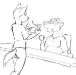  anthro bottomless breasts butt canid canine clothed clothing duo female mammal misterpickleman monochrome open_mouth rebecca_knight 