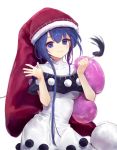  1girl :3 ainy77 animal_ears artist_name bangs black_capelet blob blue_eyes blue_hair blush breasts capelet clenched_hand collarbone commentary_request cowboy_shot doremy_sweet dress eyebrows_visible_through_hair hair_between_eyes hands_up hat highres long_hair looking_at_viewer medium_breasts nightcap pom_pom_(clothes) red_headwear simple_background smile solo tapir_ears touhou twitter_username very_long_hair white_background white_dress 