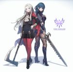  2girls absurdres ankle_boots armor ascot axe back-to-back black_footwear blue_eyes blue_hair boots breasts brown_legwear byleth_(fire_emblem)_(female) cape closed_mouth copyright_name edelgard_von_hresvelg elbow_pads fire_emblem fire_emblem:_three_houses floral_print forehead full_body gloves hair_between_eyes hair_ribbon hand_on_hip hand_on_own_chest high_heel_boots high_heels highres holding holding_sword holding_weapon knee_boots knee_pads long_hair long_sleeves looking_at_viewer looking_back medium_breasts multiple_girls pantyhose pauldrons pen_(steelleets) print_legwear purple_eyes purple_ribbon red_cape red_legwear ribbon shoulder_armor silver_hair simple_background smile standing sword vambraces weapon white_background white_gloves white_neckwear 