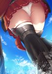  ass black_footwear blue_sky boots cloud commentary_request day from_below glint japanese_clothes kantai_collection ohiya outdoors panties red_skirt rigging rudder_footwear skindentation skirt sky splashing thigh_boots thighhighs thighs underwear water white_panties zuikaku_(kantai_collection) 