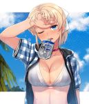  1girl arm_at_side arm_up bikini bikini_under_clothes blonde_hair blue_eyes blue_jacket blue_sky breasts checkered_jacket choker cleavage cloud collarbone day drawstring hand_on_forehead head_tilt highres itou_(onsoku_tassha) jacket large_breasts looking_at_viewer mouth_hold one-piece_tan open_clothes open_jacket open_mouth original outdoors outside_border pink_choker short_hair short_ponytail short_sleeves sky solo sparkle sweat swimsuit tan tanline teeth unzipped upper_body wet white_bikini 