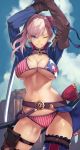  1girl 55level absurdres american_flag_bikini american_flag_legwear arms_up asymmetrical_hair bangs belt bikini blue_eyes blush breasts buckle bun_cover cleavage collarbone cowboy_shot fate/grand_order fate_(series) flag_print hair_bun highres holding holding_sword holding_weapon large_breasts long_hair looking_at_viewer miyamoto_musashi_(fate/grand_order) miyamoto_musashi_(swimsuit_berserker)_(fate) navel one_eye_closed pink_hair shrug_(clothing) sky smile solo stomach swept_bangs swimsuit sword thigh_strap weapon 