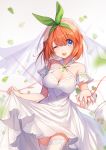  1girl ;d bangs bare_shoulders bison_cangshu blue_eyes blurry breasts bridal_veil cleavage collarbone cowboy_shot criss-cross_halter depth_of_field dress dress_lift garter_straps gloves go-toubun_no_hanayome hair_between_eyes hair_ribbon halter_dress halterneck heart highres holding_hands looking_at_viewer medium_breasts nakano_yotsuba one_eye_closed open_mouth orange_hair pov pov_hands ribbon short_hair smile solo standing thighhighs veil wedding_dress white_gloves white_legwear 