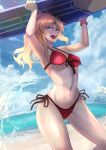  1girl bangs bikini blonde_hair braid breasts cloud commentary_request day fate/grand_order fate_(series) from_below green_eyes highres holding long_hair looking_at_viewer mordred_(fate)_(all) mordred_(swimsuit_rider)_(fate) navel ohako_(ohako1818) parted_bangs ponytail red_bikini side-tie_bikini smile solo surfboard swimsuit water 