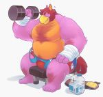  4_toes anthro armpit_hair avian bandage beak belly belt bench big_biceps bird bodily_fluids body_hair bottomwear brown_hair bulge chest_hair clothed clothing dumbbell exercise facial_hair falcon_mccooper_(character) feathers greenendorf hair hippogryph male musclegut muscular muscular_male on_bench overweight pecs pink_feathers shorts sideburns simple_background sitting solo sweat thick_thighs toes topless tuft weight_bench weightlifting weights workout yellow_feathers 