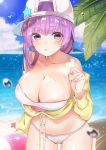  1girl backwards_hat bangs bare_shoulders bb_(fate)_(all) bb_(swimsuit_mooncancer)_(fate) beach bikini blue_sky blurry blurry_background blush breasts cleavage collarbone cropped_jacket day eating fate/grand_order fate_(series) food hat highres jacket large_breasts long_hair long_sleeves looking_at_viewer navel ocean off_shoulder parted_lips popsicle purple_eyes purple_hair remaruka0413 saliva saliva_trail sky solo star_hat_ornament swimsuit very_long_hair white_bikini white_headwear yellow_jacket 