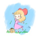  1girl blonde_hair blush_stickers closed_eyes dancing grass lunchbox mother_(game) mother_2 paula_(mother_2) red_footwear red_ribbon ribbon signature smile takeuchi_kou 