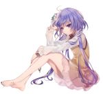  1girl absurdres ahoge artist_request bangs bare_legs barefoot chain cuffs dress flower full_body hair_flower hair_ornament hand_up highres knees_up leaf long_hair long_sleeves low_twintails petticoat purple_eyes purple_hair purple_nails shackles shirt short_dress sitting solo thighs toenail_polish touhou transparent_background tsukumo_benben twintails very_long_hair white_flower white_shirt yellow_dress 