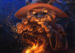  2019 4_fingers anthro brown_fur detailed_background digital_media_(artwork) felid feline fingers fire fur kenket lynx mammal night outside smile solo 
