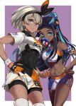  2girls abs armlet belly_chain blue_eyes blue_hair covered_navel dark_skin gloves grey_hair gym_leader hand_on_another&#039;s_shoulder hand_on_hip highres holding holding_poke_ball jewelry looking_at_viewer multicolored_hair multiple_girls navel poke_ball pokemon pokemon_(game) pokemon_swsh puca-rasu rurina_(pokemon) saitou_(pokemon) short_shorts shorts single_glove sleeveless smile sports_bra sportswear stomach toned two-tone_hair wristband 