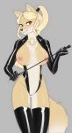  absurd_res anthro big_breasts blonde_hair breasts brown_eyes canid canine canis clothing domestic_dog female fur hair hi_res legwear look_at_viewer mammal nipples pewas ponytail pussy rubber smile solo stockings undressing whip zipper 