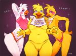  animatronic anthro avian beak bebebebebe bedroom_eyes bib bird blue_eyes blush breasts chica_(fnaf) chicken clothed clothing english_text eyeshadow fangs feathers female five_nights_at_freddy&#039;s five_nights_at_freddy&#039;s_2 freddy_fazbear&#039;s_pizzeria_simulator funtime_chica_(fnaf) galliform gallus_(genus) group half-closed_eyes looking_at_viewer machine makeup open_mouth open_smile panties phasianid pink_eyes purple_eyes pussy robot seductive sharp_teeth simple_background slightly_chubby smile teeth text thong toy_chica_(fnaf) ultimate_custom_night underwear video_games white_feathers yellow_feathers 