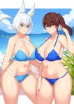  2girls animal_ears arm_at_side arm_behind_back armpits ass_visible_through_thighs azur_lane bangs bare_shoulders beach bikini blue_bikini blue_eyes blue_sky breasts brown_eyes brown_hair cleavage closed_mouth cloud collarbone criss-cross_halter crossover day eyebrows_visible_through_hair fox_ears fox_tail franham hair_between_eyes halterneck hand_in_hair hand_on_own_thigh hand_up highres kaga_(azur_lane) kaga_(kantai_collection) kantai_collection looking_at_viewer multiple_girls namesake outdoors plant sand shiny shiny_skin short_hair side_ponytail sky smile standing swimsuit tail thick_thighs thighs water white_hair yellow_innertube 