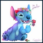  1:1 2013 4_toes alien back_markings black_border black_eyes blue_claws blue_fur blue_nose blue_pawpads border cappydarn chest_tuft claws digital_media_(artwork) disney english_text experiment_(lilo_and_stitch) flower flower_crown fur holding_flower holding_object lilo_and_stitch markings notched_ear open_mouth open_smile pawpads plant rose_(flower) signature sitting small_tail smile solo stitch_(lilo_and_stitch) text toes tuft 