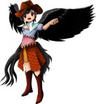  1girl bare_shoulders black_hair black_wings boots brown_eyes cowboy_boots cowboy_hat dress feathered_wings flannel hat kurokoma_saki medium_hair official_art oota_jun&#039;ya open_hand scarf smile solo tagme tail_feathers touhou transparent_background wily_beast_and_weakest_creature wings 