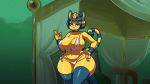  animal_crossing ankha_(animal_crossing) anthro big_breasts blue_hair breasts camel_toe clothed clothing domestic_cat egyptian fabianoferreira felid feline felis female fur hair half-closed_eyes hand_on_hip huge_breasts looking_at_viewer mammal navel nintendo solo thick_thighs uraeus video_games voluptuous wide_hips 