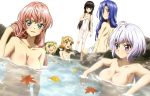  2013 6+girls adjusting_hair akatsuki_kirika back black_hair blonde_hair blue_eyes blue_hair blush breasts brown_eyes curly_hair d.gray-man dimples_of_venus grey_eyes kazanari_tsubasa large_breasts leaf light_brown_hair long_hair looking_at_another looking_at_viewer maria_cadenzavna_eve medium_breasts multiple_girls naked_towel nude onsen open_mouth pink_hair purple_eyes rock senki_zesshou_symphogear sideboob silver_hair small_breasts smile swimsuit tachibana_hibiki_(symphogear) towel towel_on_head tsukuyomi_shirabe very_long_hair water yukine_chris 