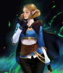  1girl black_cape black_pants blonde_hair blue_tunic braid cape crown_braid fingerless_gloves gloves green_eyes hair_ornament hairclip jyundee looking_to_the_side pants pointy_ears princess_zelda short_hair the_legend_of_zelda the_legend_of_zelda:_breath_of_the_wild triforce 