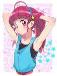  1girl adjusting_hair ahoge armpits blush border collarbone commentary_request cropped_torso hair_ornament hairband hoshina_hikaru long_hair moudoku_(decopon3rd) pink_background pink_eyes pink_hair precure pursed_lips sideways_glance solo sports_bra star star_hair_ornament star_print star_twinkle_precure starry_background tying_hair upper_body white_border 