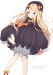  1girl abigail_williams_(fate/grand_order) artist_name bangs black_bow black_dress black_headwear blonde_hair bloomers blue_eyes blush bow bug butterfly copyright_name dress eyebrows_behind_hair fate/grand_order fate_(series) forehead hair_bow hat highres huidare insect knees_together_feet_apart long_hair long_sleeves looking_at_viewer object_hug orange_bow parted_bangs parted_lips polka_dot polka_dot_bow simple_background sleeves_past_fingers sleeves_past_wrists solo stuffed_animal stuffed_toy teddy_bear underwear very_long_hair white_background white_bloomers 