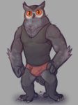  2019 4_toes anthro avian beak bird black_beak bubo_(genus) bulge claws clothing digital_media_(artwork) feathers great_horned_owl grey_feathers hand_on_hip looking_at_viewer male minedoo muscular muscular_male orange_sclera owl pecs shirt signature simple_background solo standing tank_top toe_claws toes topwear true_owl tuft underwear 