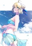  1girl ahoge artoria_pendragon_(all) ass bandeau bikini blonde_hair blue_bikini blue_eyes blue_ribbon blue_sky border braid breasts cleavage cowboy_shot fate/stay_night fate_(series) flower french_braid fumi_fumi_(7837224) hair_flower hair_ornament ribbon saber sideboob sky small_breasts solo swimsuit thighs white_border 