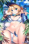  1girl artoria_pendragon_(all) bangs baseball_cap bikini blonde_hair blue_eyes blue_headwear blue_sky blush breasts card chair closed_mouth cloud commentary day eyebrows_visible_through_hair fate/grand_order fate_(series) fingernails hair_between_eyes hat highres holding holding_card horizon knee_up large_breasts long_hair long_sleeves looking_at_viewer lounge_chair lying mysterious_heroine_x navel ocean on_back on_chair outdoors pocari_sweat ponytail shrug_(clothing) side-tie_bikini sidelocks sky smile solo squchan swimsuit thigh_strap water white_bikini 