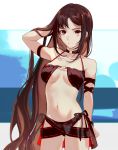  1girl adapted_costume adjusting_hair alternate_costume arm_up bare_shoulders bikini black_bikini black_ribbon black_swimsuit blush breasts brown_eyes brown_hair choker cleavage closed_mouth collarbone commentary_request consort_yu_(fate) csyko ear_piercing fate/grand_order fate_(series) jewelry long_hair looking_at_viewer medium_breasts navel open_eyes piercing ribbon solo swimsuit very_long_hair 