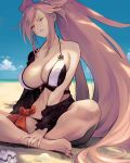  1girl amputee baiken bare_legs barefoot beach big_hair bikini black_bikini_top blue_sky breasts cloud commentary_request crossed_legs facial_scar facial_tattoo guilty_gear guilty_gear_xrd hand_on_leg highres indian_style jako_(toyprn) large_breasts long_hair looking_at_viewer multicolored_bikini_top navel one-eyed one_eye_closed pink_eyes pink_hair ponytail sand scar scar_across_eye scrunchie seashell shell sitting sky solo swimsuit tattoo very_long_hair white_bikini_top 