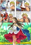  armlet bare_shoulders bracelet breasts brown_eyes brown_hair cape circlet cleavage commentary_request dragon_quest dragon_quest_viii dress earrings green_eyes hero_(dq8) imaichi jessica_albert jewelry kukuru_(dq8) large_breasts long_hair looking_at_viewer medea multiple_boys multiple_girls open_mouth orange_hair panties princess purple_shirt shirt smile strapless twintails underwear yangus 