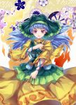  1girl :d blue_hair dress haniyasushin_keiki hichou highres jewelry long_hair looking_at_viewer necklace open_mouth puffy_sleeves purple_eyes smile solo spoilers touhou tsurime upper_teeth wily_beast_and_weakest_creature 