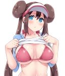  1girl :o bangs bikini bikini_top blue_shirt blush breasts brown_hair cleavage collarbone double_bun eyes_visible_through_hair hair_between_eyes hasu_(hk_works) large_breasts long_hair looking_at_viewer mei_(pokemon) navel pokemon pokemon_(game) pokemon_bw2 raglan_sleeves red_bikini shiny shiny_clothes shiny_hair shirt shirt_lift sidelocks simple_background solo sweat swimsuit twintails underboob upper_body very_long_hair visor_cap white_background white_shirt 