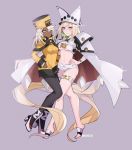  2girls absurdly_long_hair black_legwear blonde_hair blue_eyes breasts cape cosplay costume_switch dark_skin eyebrows_visible_through_hair eyes_visible_through_hair full_body fur_hat gloves guilty_gear guilty_gear_xrd hair_between_eyes hand_on_hip hat high_heels highres kyou_(ningiou) long_hair looking_at_viewer medium_breasts millia_rage multiple_girls navel orange_eyes orange_headwear pantyhose ramlethal_valentine short_hair short_shorts shorts simple_background standing thigh_strap twitter_username underboob very_long_hair white_hair yellow_eyes 